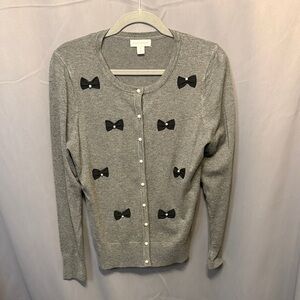 Charter Club Gray Cardigan with Black Bow Accents and Pearls Size Medium